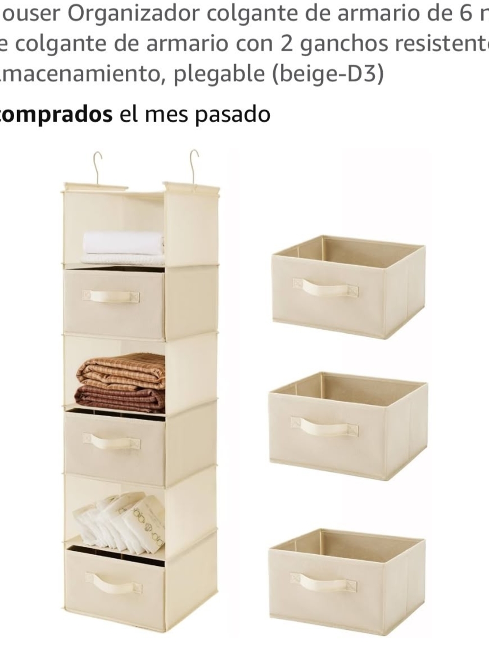 Beige Hanging Closet Organizer with 3 Removable Drawers - Unbranded